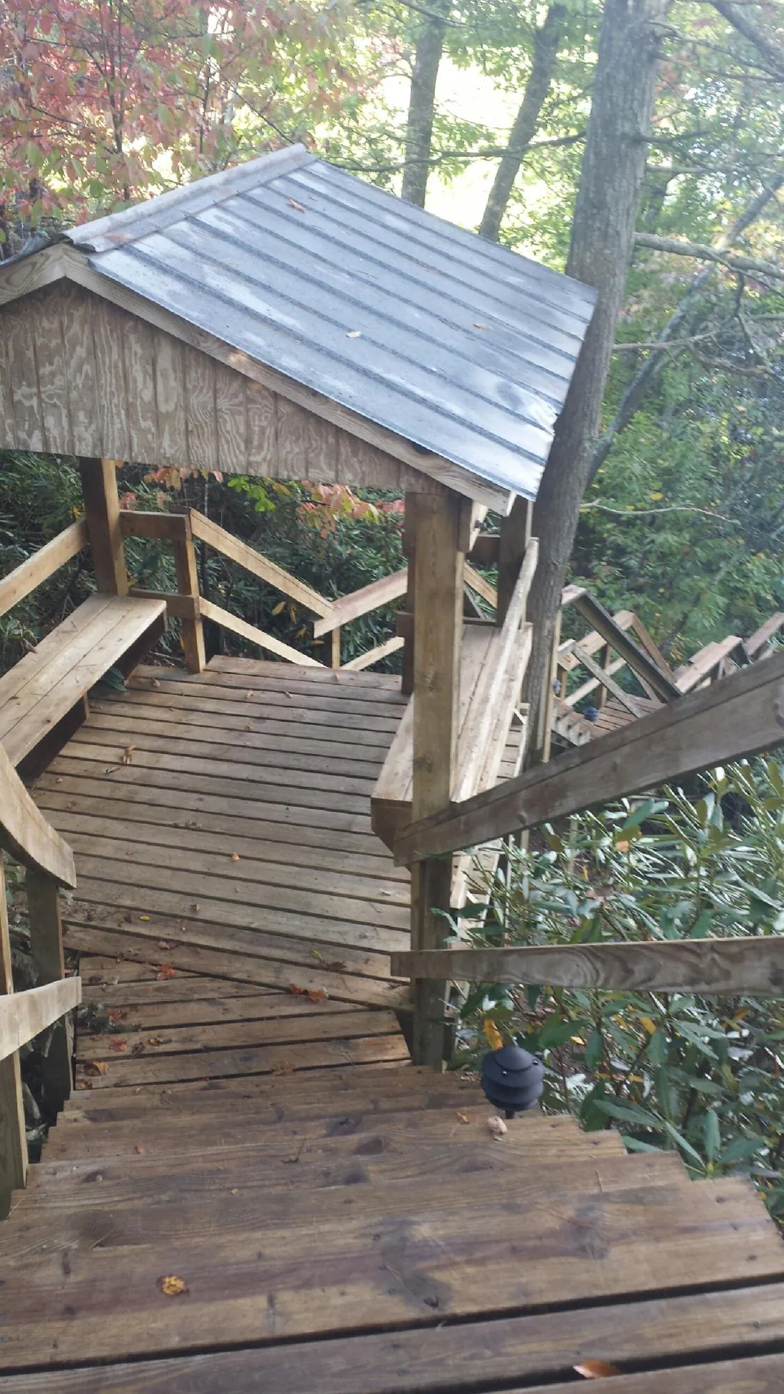 Metal roofed shelter over wooden steps on a wooded walkway — Skylight Repair & Installation work by our crew in Hurricane